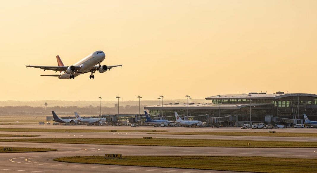 Avión en pista de aeropuerto con cartel de Argentina al fondo