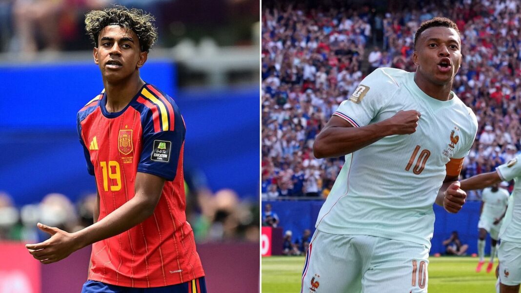 Jugadores de Francia y España en el campo de fútbol durante el partido de semifinales del Mundial 2026