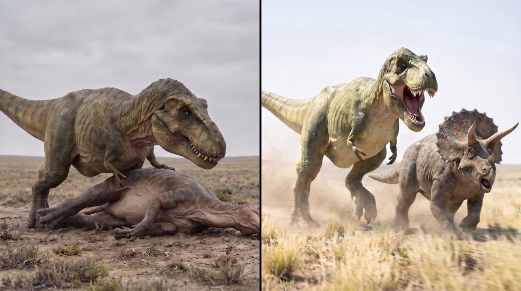 Fósil de hueso de Edmontosaurus con marcas de dientes de Tyrannosaurus rex