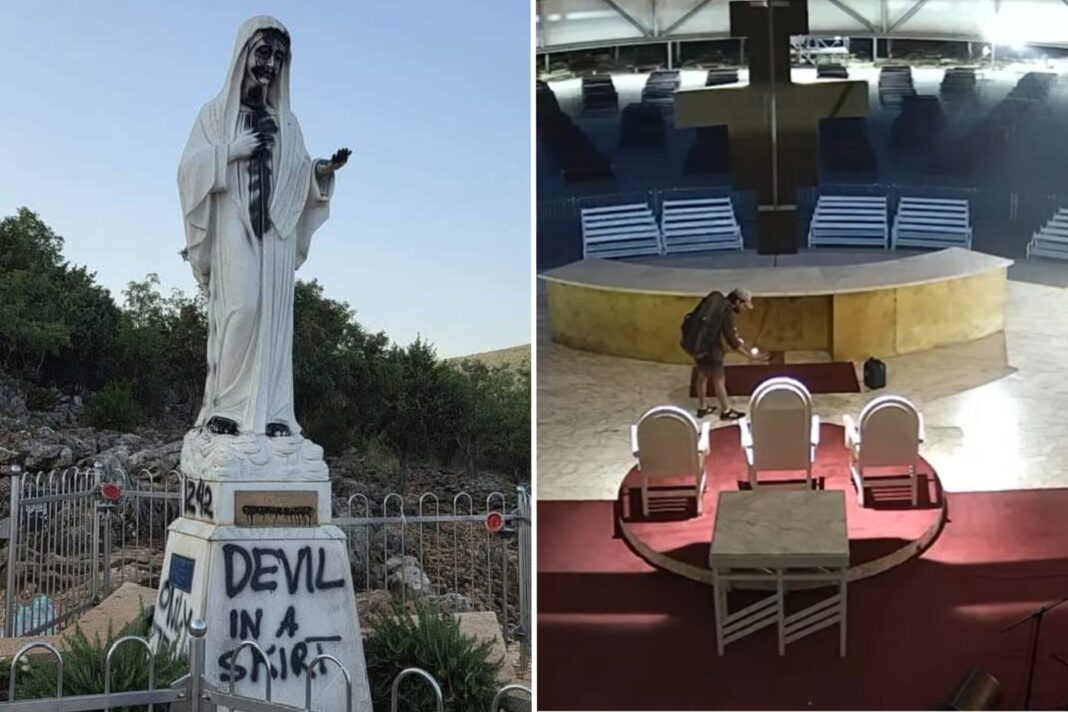 Altar exterior del santuario de Medjugorje cubierto de cenizas tras un incendio intencional