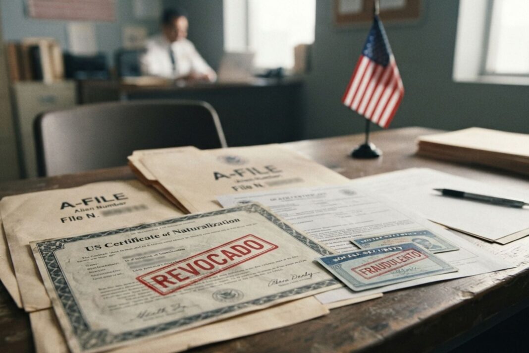Documentos migratorios y sello de naturalización estadounidense