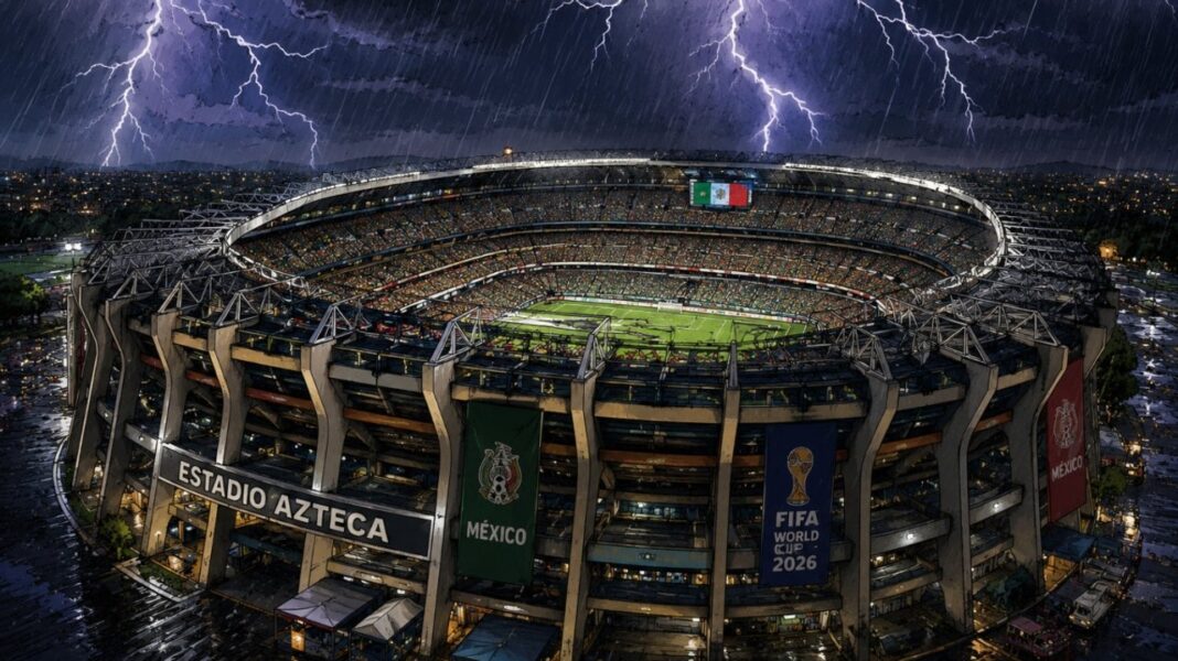 Estadio de fútbol con tormenta eléctrica durante el partido México vs Inglaterra Mundial 2026