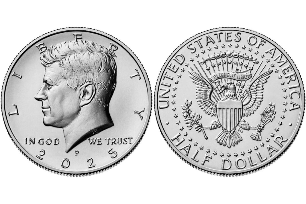 Moneda de medio dólar de John F. Kennedy de plata, anverso y reverso
