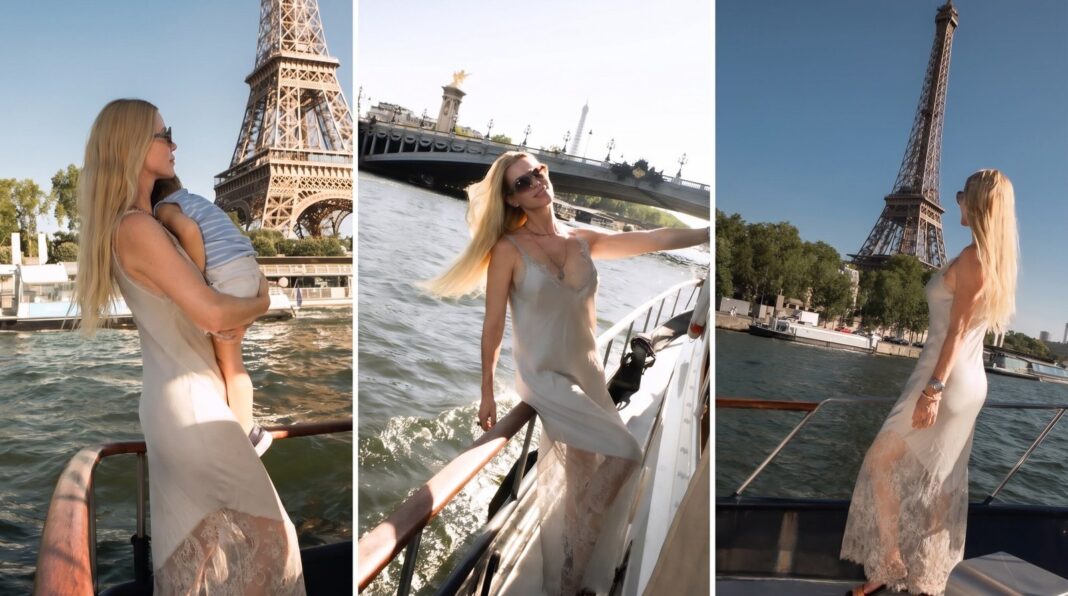 Nicole Neumann con su hijo Cruz en barco por el Sena, con la Torre Eiffel de fondo