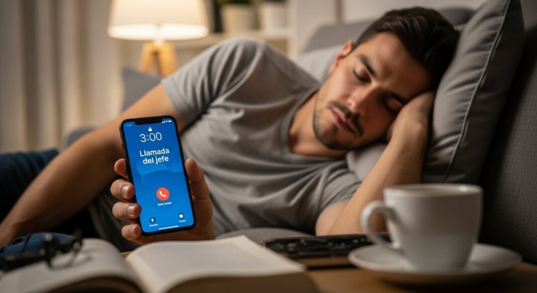 Trabajador revisando su teléfono fuera del horario laboral