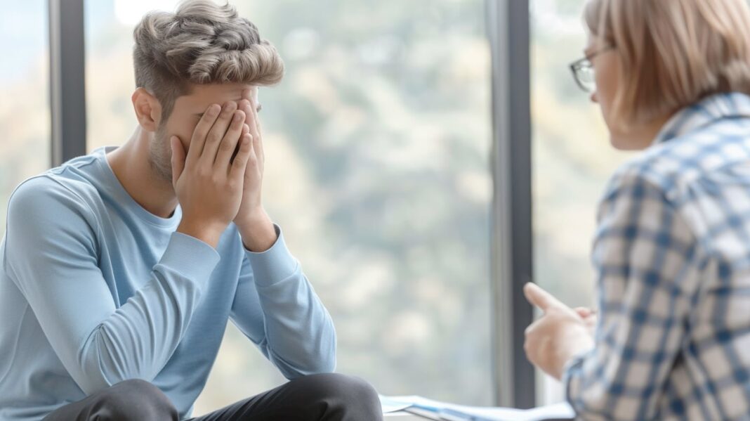 Persona adulta disculpándose con gesto de preocupación