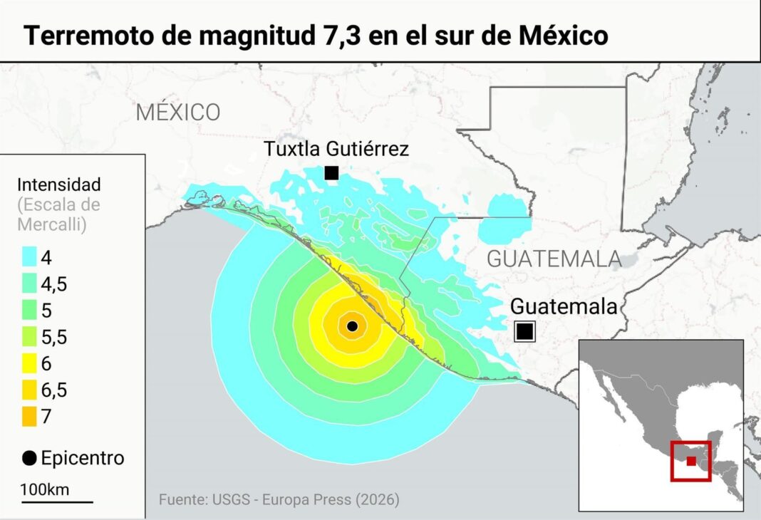 Mapa del sismo de magnitud 7,3 cerca de Chiapas, México