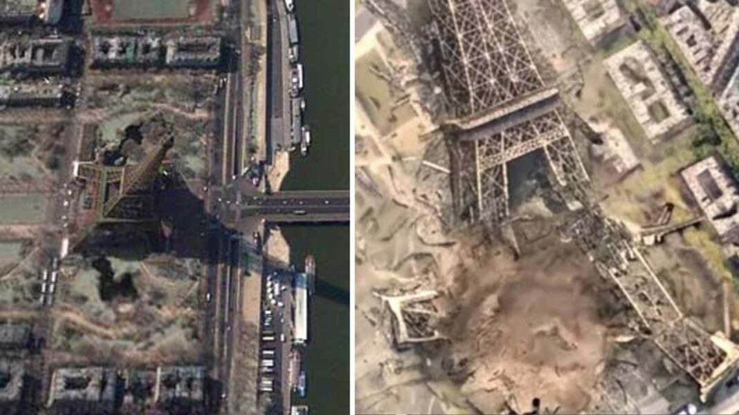 Captura de pantalla de Google Earth con la Torre Eiffel derrumbada generada por IA