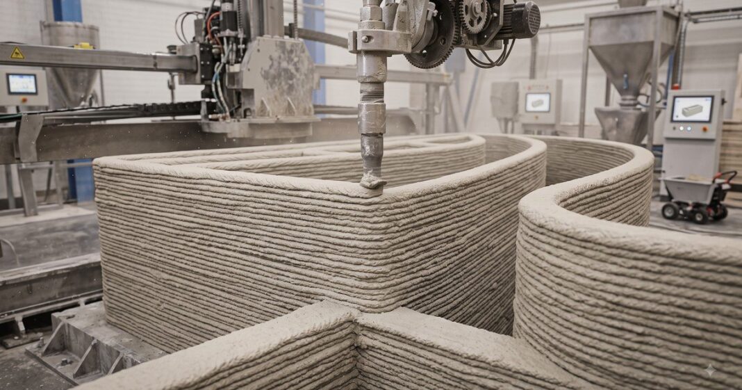 Impresora 3D de hormigón de gran escala depositando capas de concreto para construir una vivienda