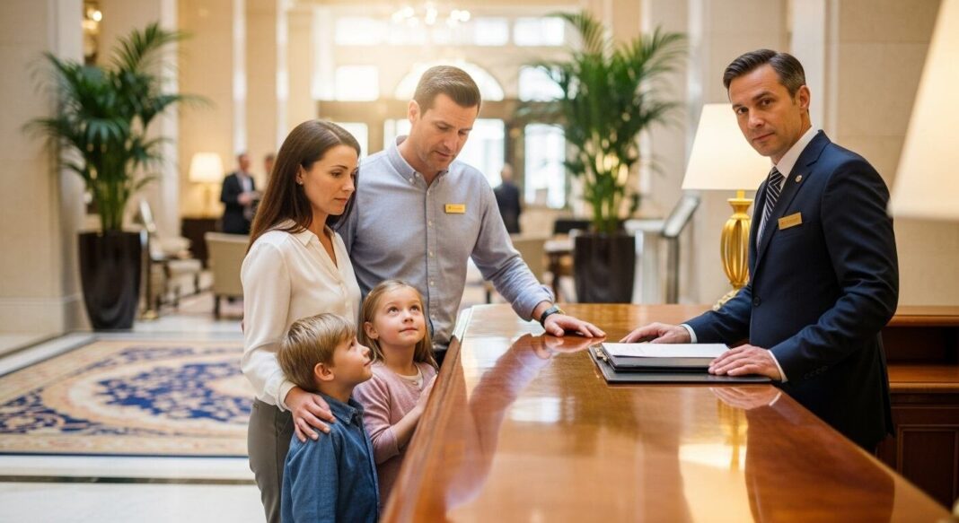 Recepción de un hotel en Florida con huéspedes realizando el check out