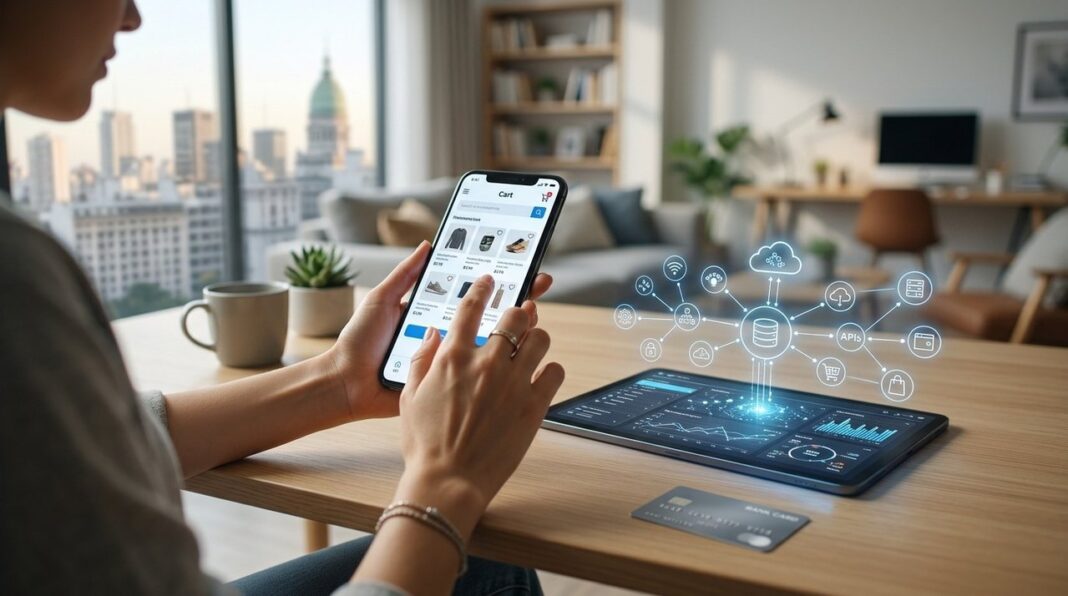 Persona usando redes sociales en un teléfono móvil mientras realiza compras en línea