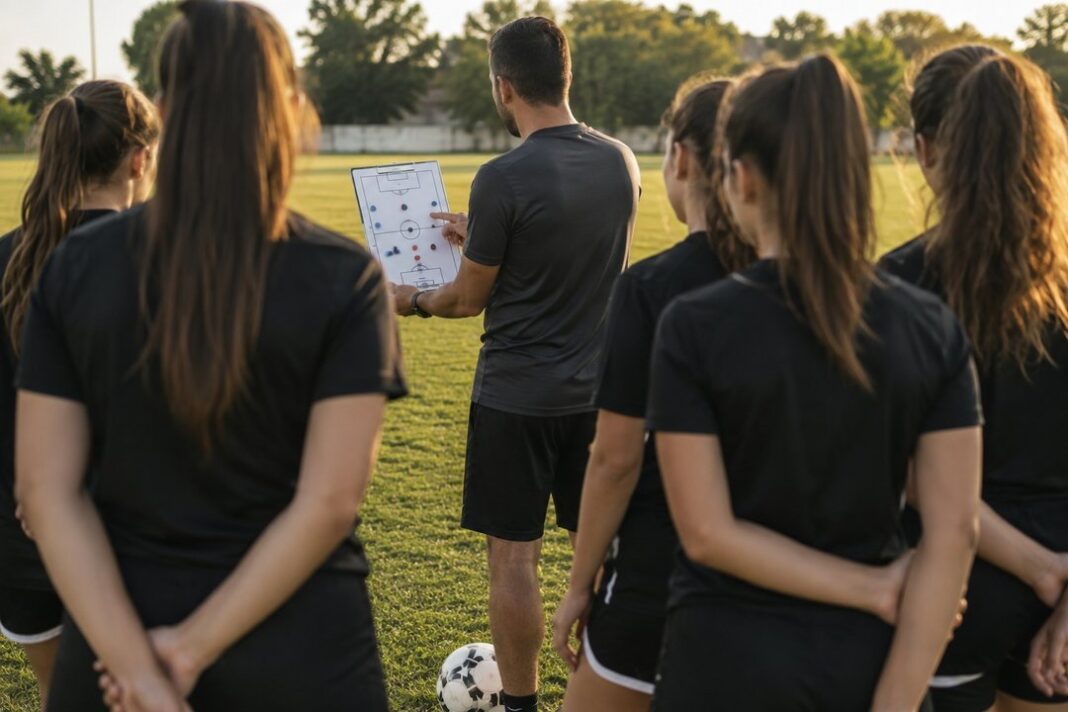 Entrenador de fútbol en una cancha (imagen ilustrativa)