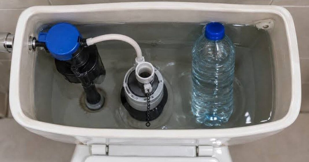 Botella de agua colocada dentro de la mochila de un inodoro