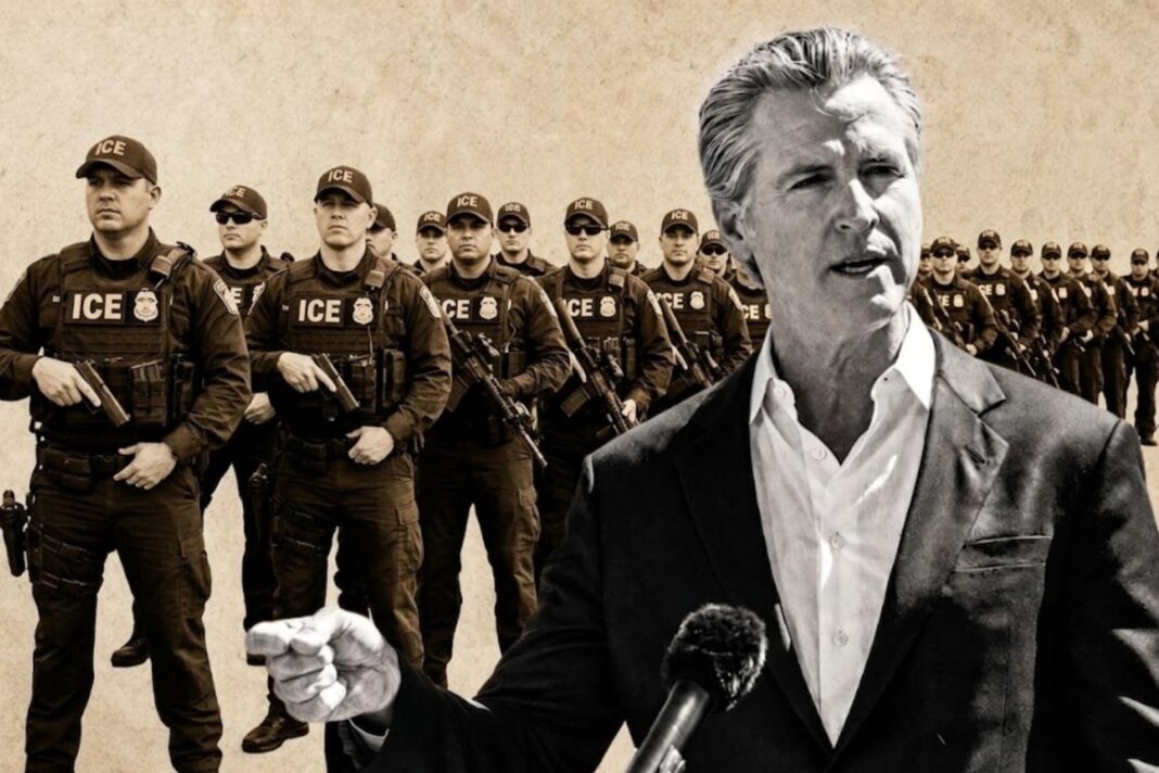 Fachada de un hotel en California con cartel de aviso sobre presencia de agencias federales