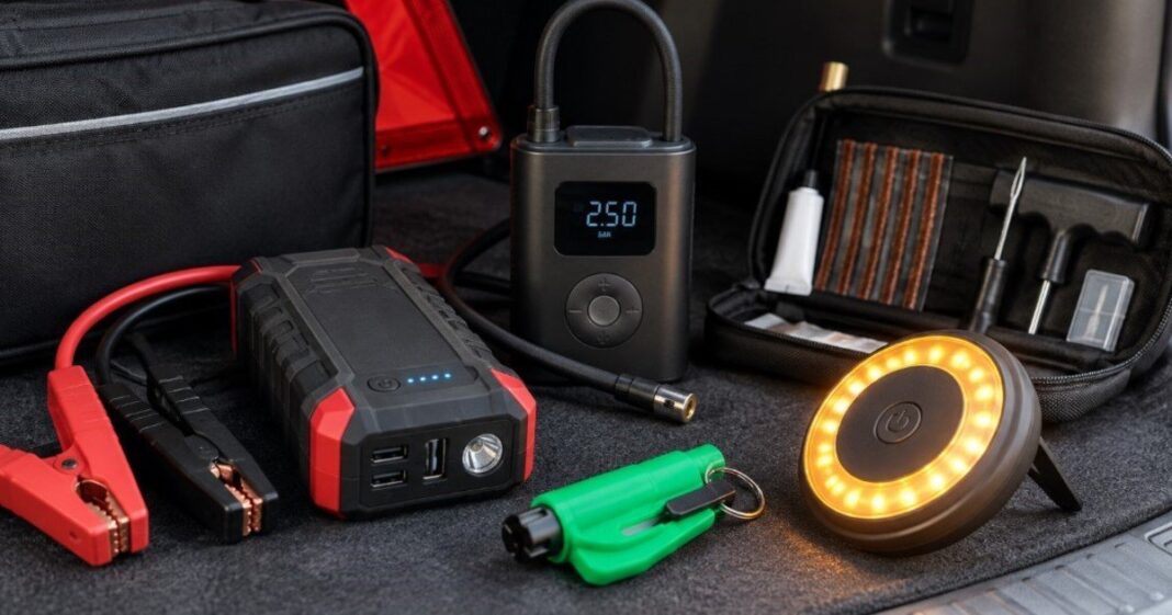 Dispositivos tecnológicos para emergencias vehiculares: compresor portátil, arrancador, kit de reparación y rompevidrios