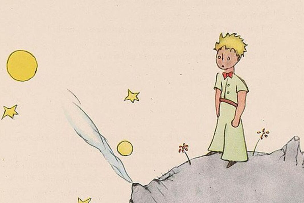 Ilustración del Principito y la rosa en su asteroide B-612