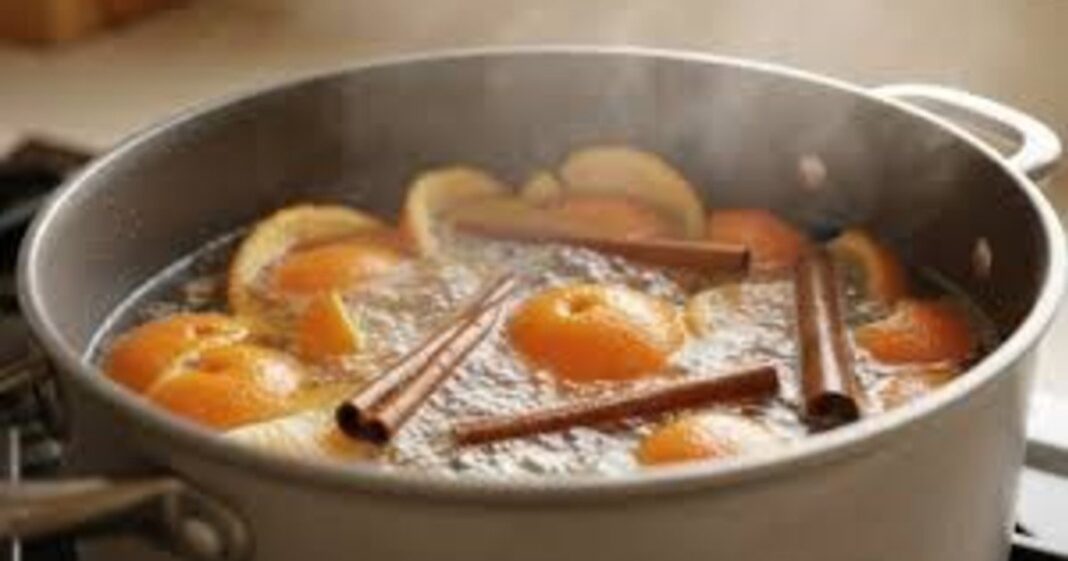 Cáscaras de mandarina y ramas de canela en una olla con agua hirviendo