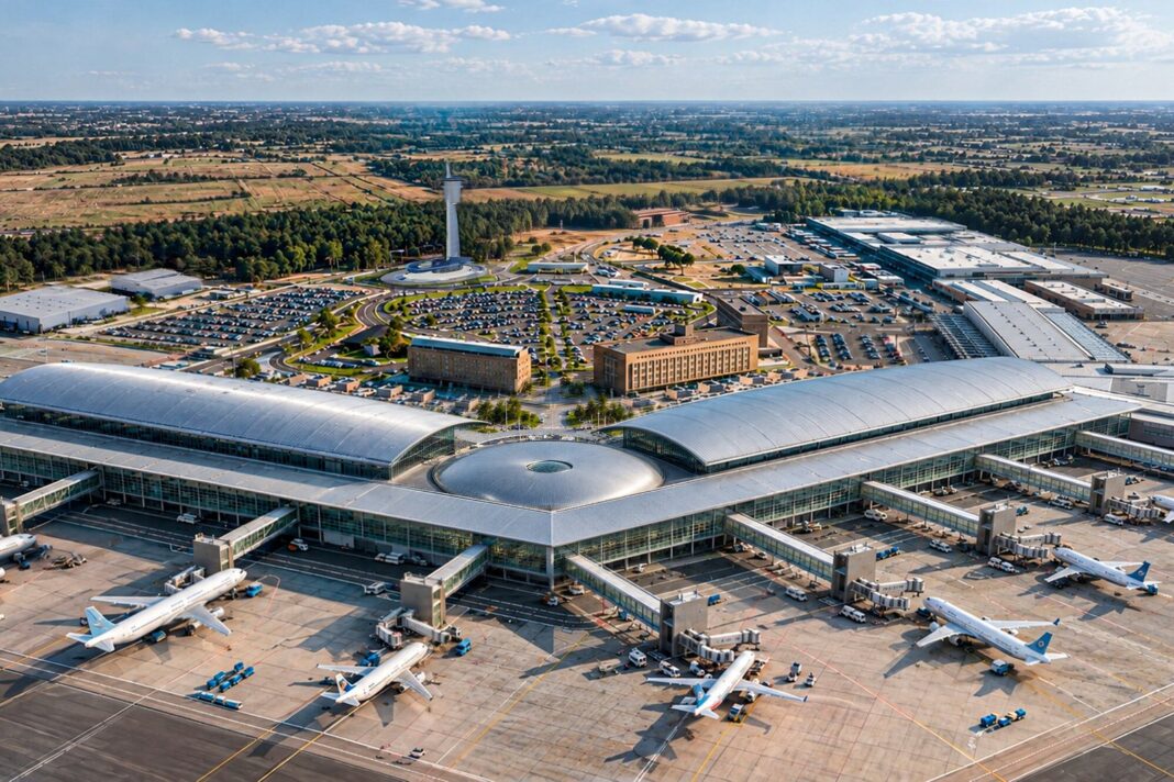 Vista aérea del Aeropuerto Internacional de Ezeiza, con aviones y terminales.