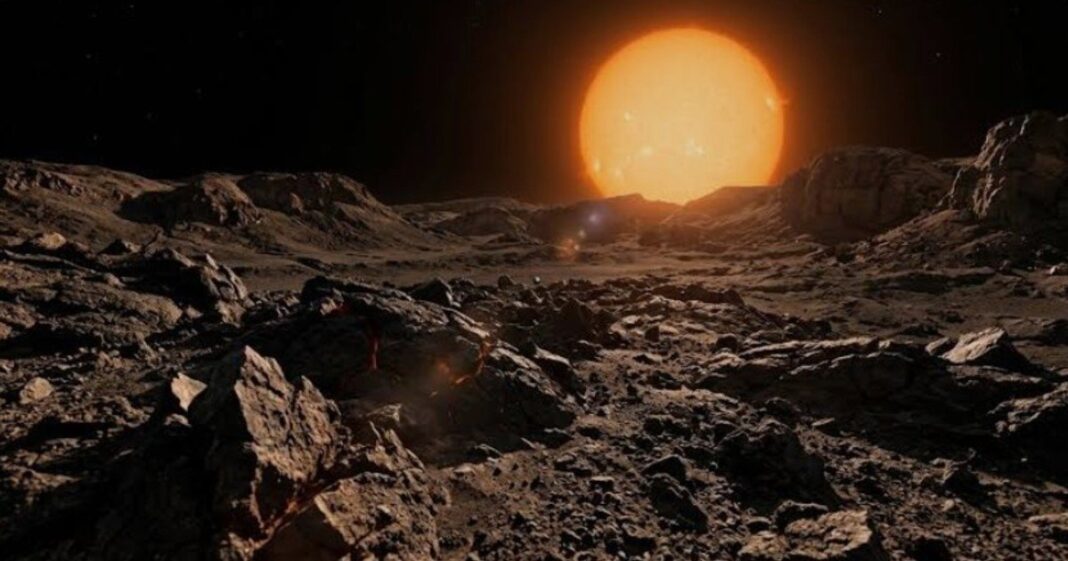 Representación artística del exoplaneta HD 3167 b, un mundo de lava con un hemisferio iluminado y otro en oscuridad perpetua.