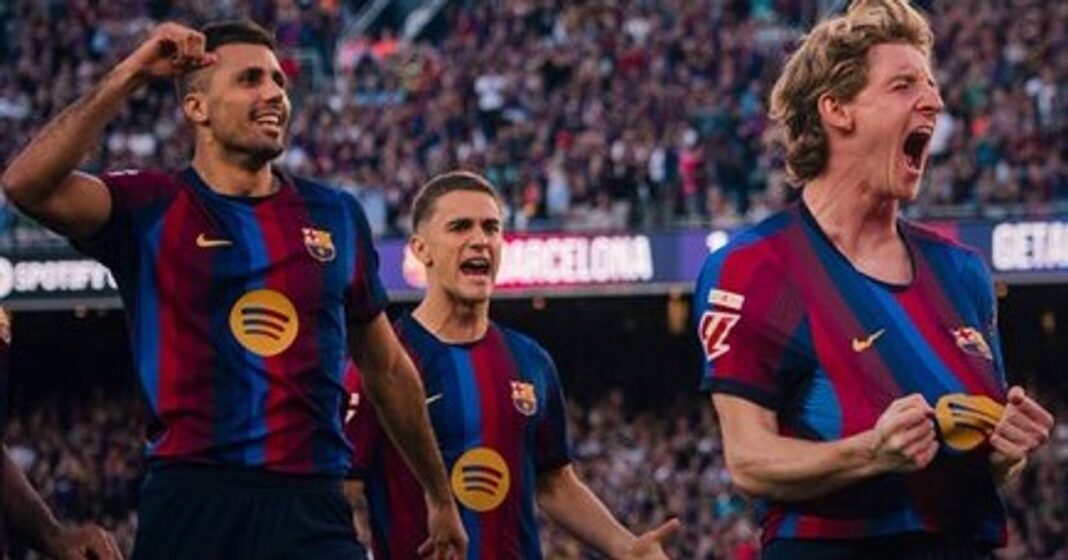 Jugadores del Barcelona celebrando un gol durante el partido contra Getafe en el Camp Nou