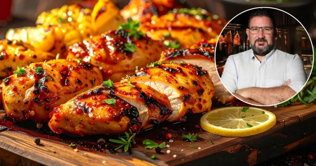 Dani García cocinando pollo en una sartén con un plato encima como peso