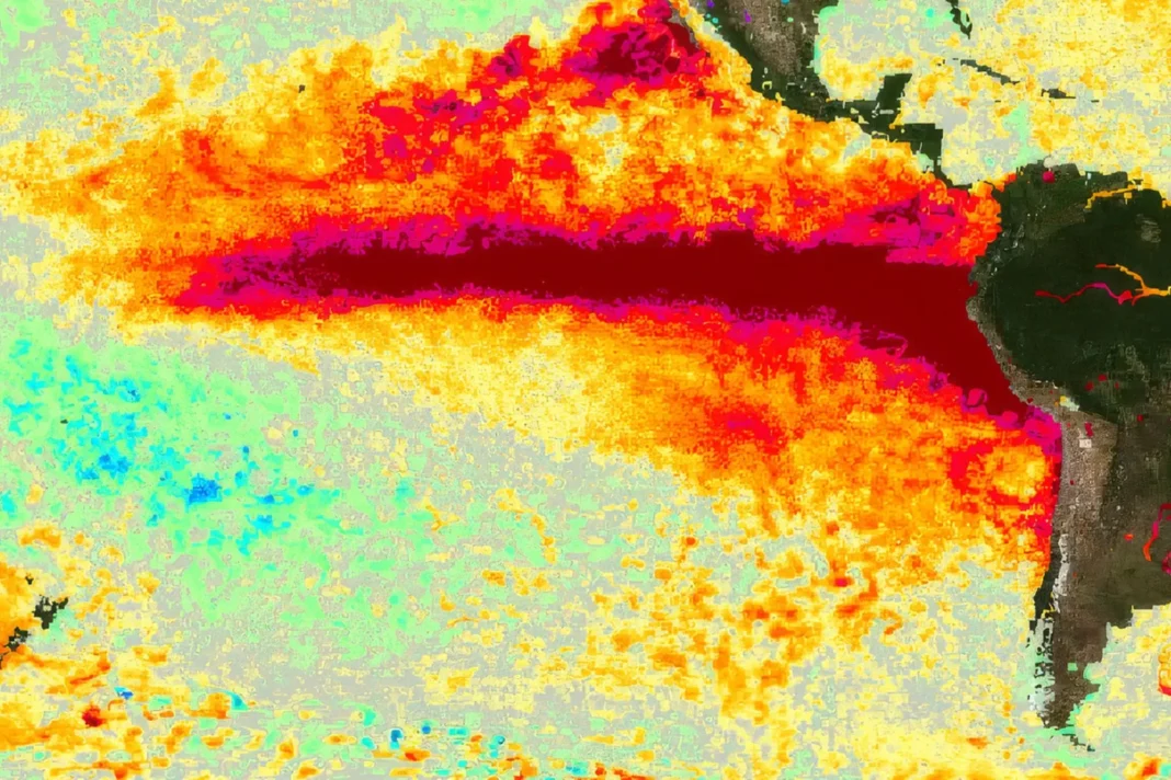 Imagen satelital que muestra la extensión de aguas cálidas en el océano Pacífico asociadas a El Niño