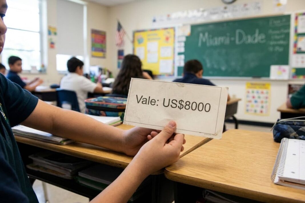 Aula escolar con estudiantes y docente en Florida