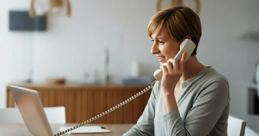 Madre revisando su teléfono en un ambiente hogareño