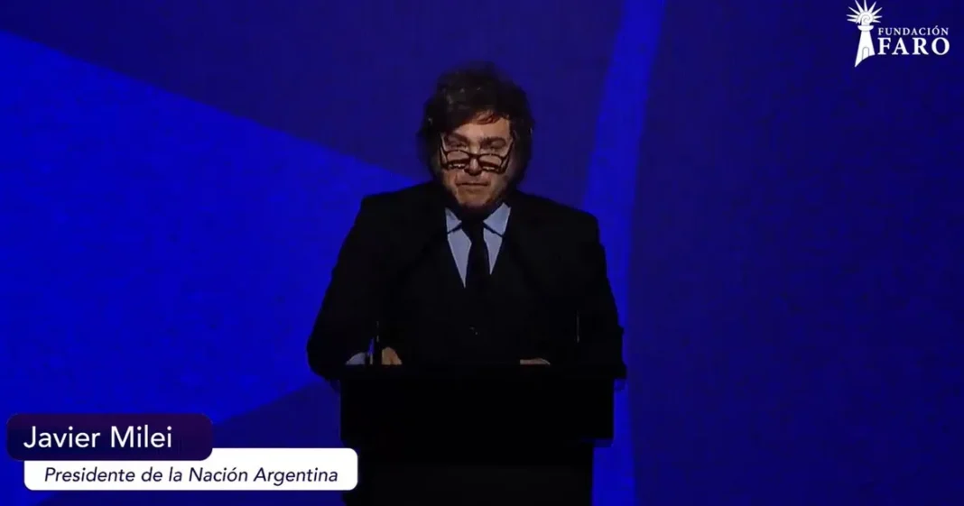 Javier Milei durante su discurso en la Fundación Faro