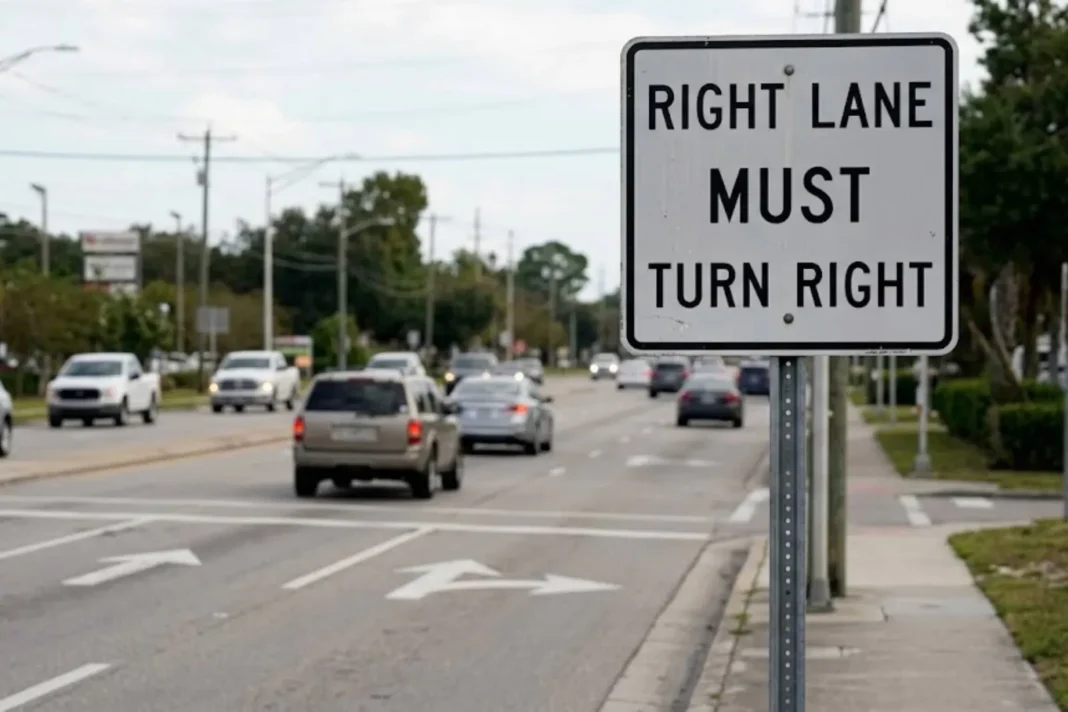 Señal de tránsito Right Lane Must Turn Right en una carretera de Estados Unidos